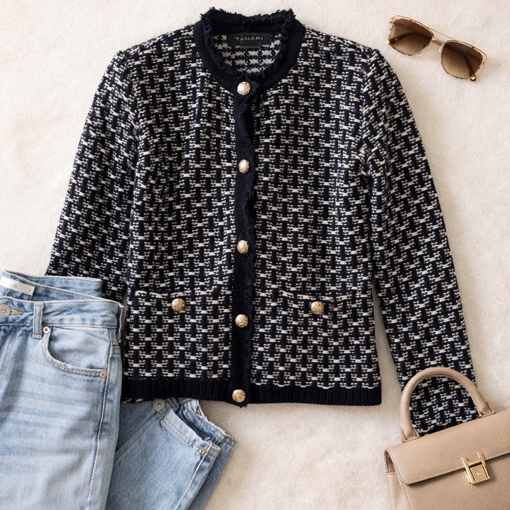 Tahari Bouclé Tweed Jacket | Gold Button Parisian Blazer XS